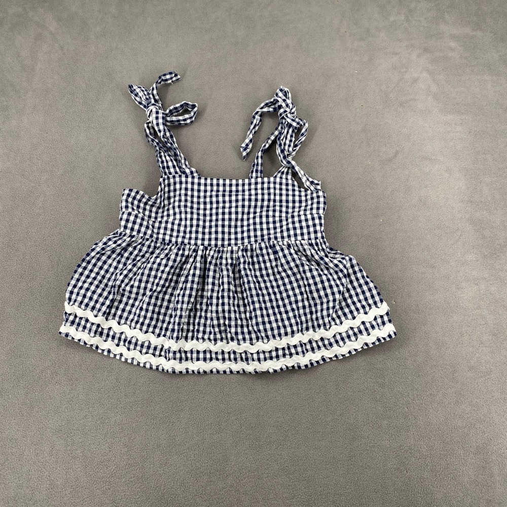 Sim & Sam Navy Gingham Tie Shoulder Smocked Back Rickrack Trim Top Medium